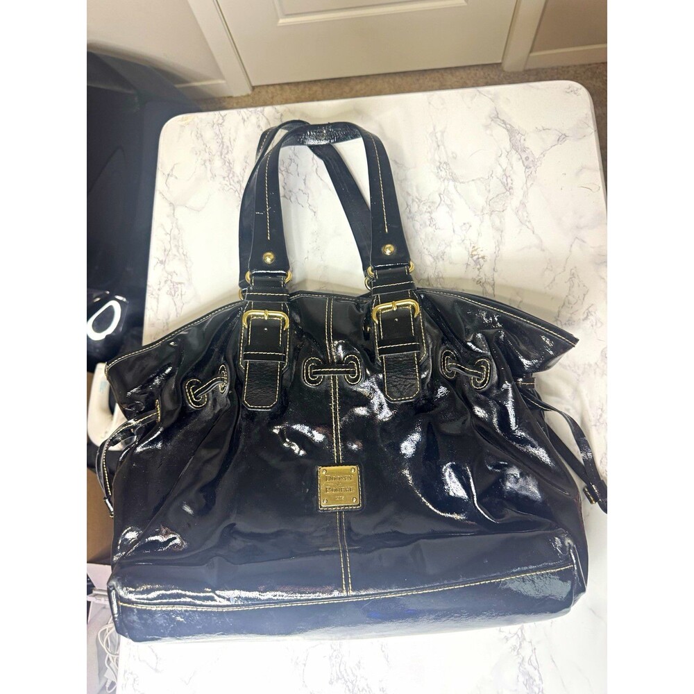 Dooney & Bourke Black Patent Satchel Drawstring Double Handles Gold Hardware